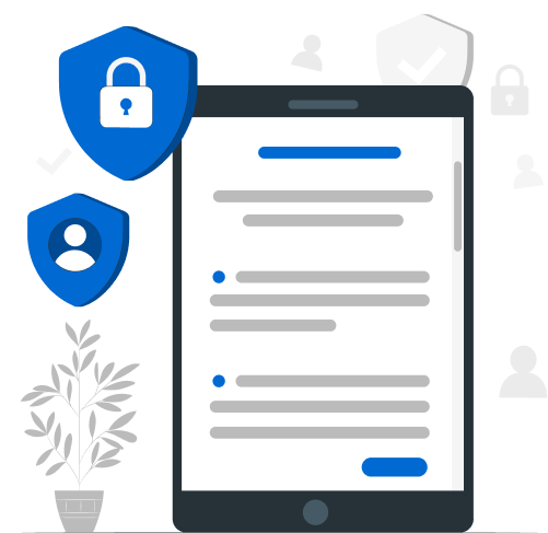 Illustration of a mobile phone with digital address system icons and a lock symbol representing privacy and security